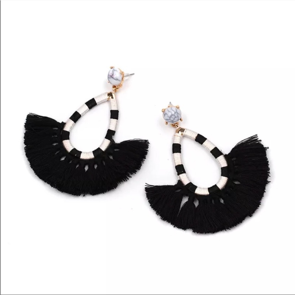 New black and white fan fringe drop earrings